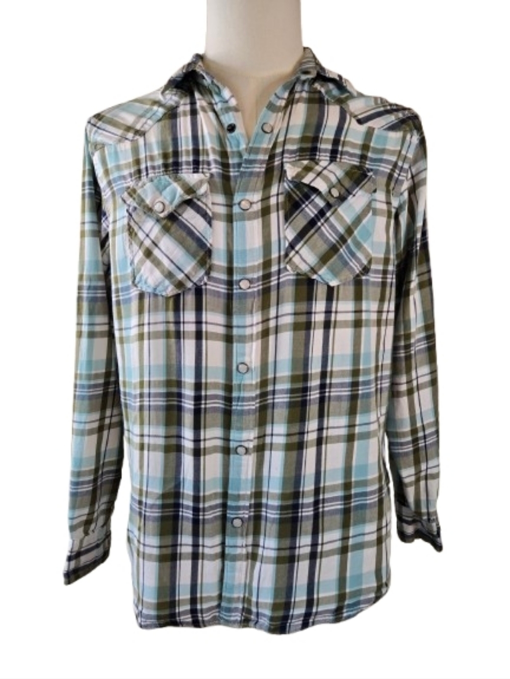 Old Navy Pearl Snap Western Fit Lightweight Flannel Shirt Blue & Olive Medium